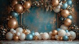 Ściana wystrojona eleganckimi balonami w różnych kształtach i kolorach, złoty, platynowy i biały