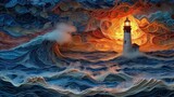 Malarstwo przedstawiające latarnię morską otoczoną wzburzonymi falami.