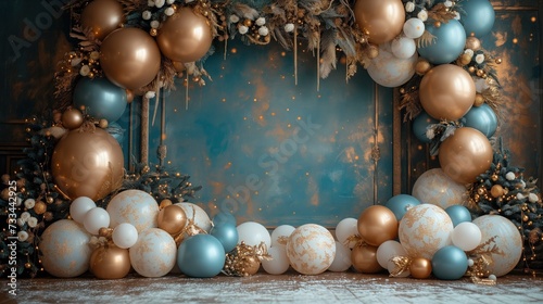 Ściana wystrojona eleganckimi balonami w różnych kształtach i kolorach, złoty, platynowy i biały