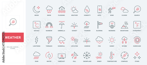 Weather line icons set. Humidity and temperature of Celsius and Fahrenheit, sun and rain from clouds thin black and red outline symbols. Meteorology and climate forecast pictograms vector illustration