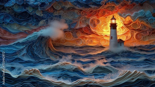 Malarstwo przedstawiające latarnię morską otoczoną wzburzonymi falami.
