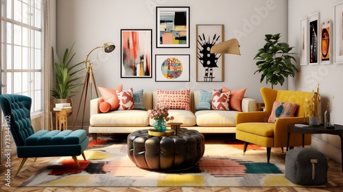 Obraz na płótnie Bohemian Bliss: Colorful and Eclectic Living Room with Global Inspirations w salonie