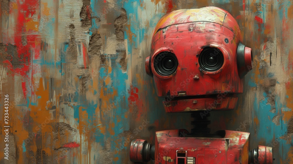 Czerwony robot stoi przy kolorowej starej ścianie i jest smutny że jest starym modelem robota - obrazy, fototapety, plakaty 