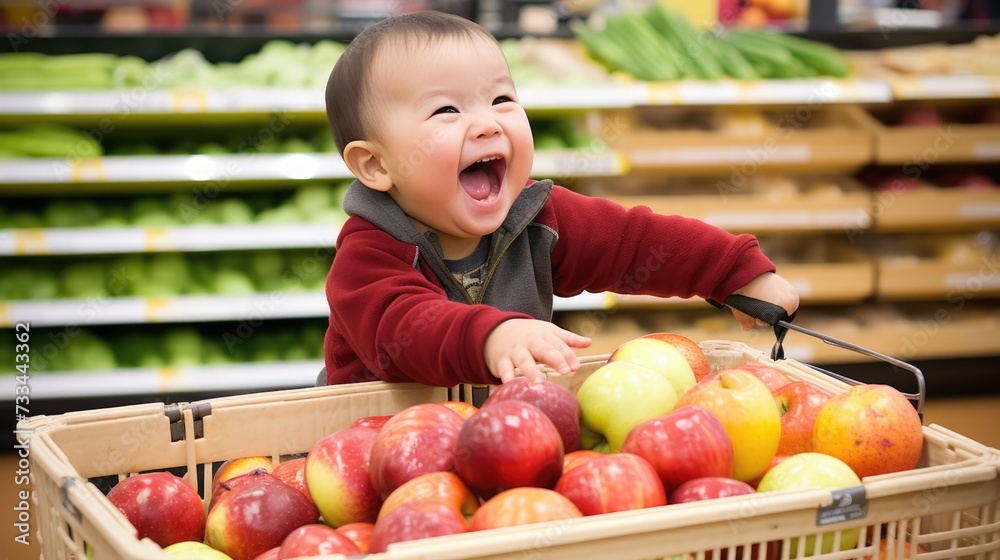 Fototapeta premium Youth asian boy with apple basket in supermarket
