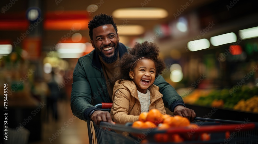 african american parent man with kid in supermarket basket