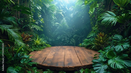 Drewniana platforma otoczona dżunglą.