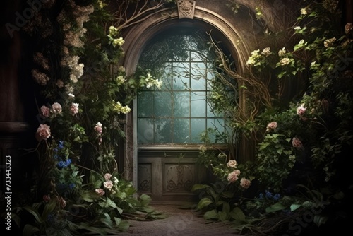 Enchanted Forest: Greenery Floral Backdrop, Fantasy Environment, Ancient Columns, Lush Greenery, Mystical Atmosphere, Magical Forest, Ethereal Beauty, Whimsical Setting, Nature's Splendor