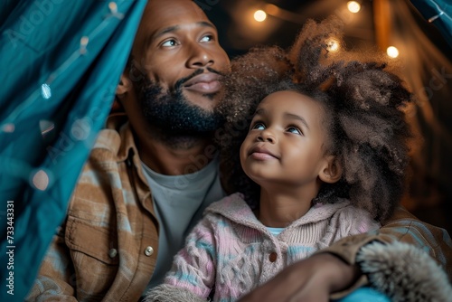 A father's love shines through as he gazes proudly at his smiling toddler, both of them bundled up in cozy indoor attire