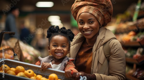 african american parent woman with kid in supermarket basket