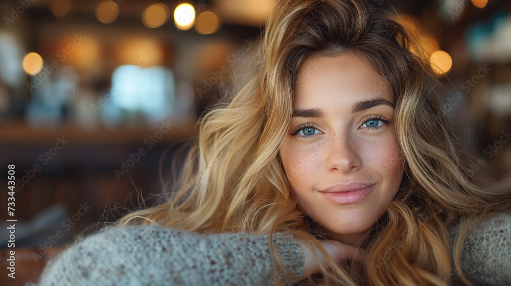 A young woman exudes a relaxed and content vibe, her golden wavy hair softly framing her face, with the inviting blur of a cafe's warm ambiance behind her A young woman exudes a relaxed and content vibe, her golden wavy hair softly framing her face, with the inviting blur of a cafe's warm ambiance behind her
