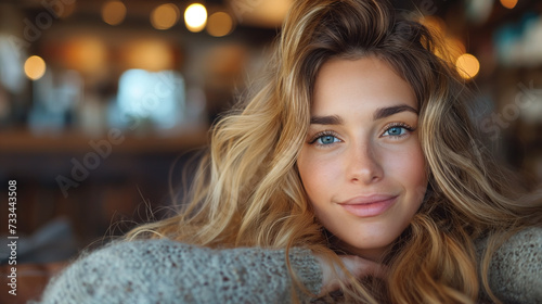 A young woman exudes a relaxed and content vibe, her golden wavy hair softly framing her face, with the inviting blur of a cafe's warm ambiance behind her