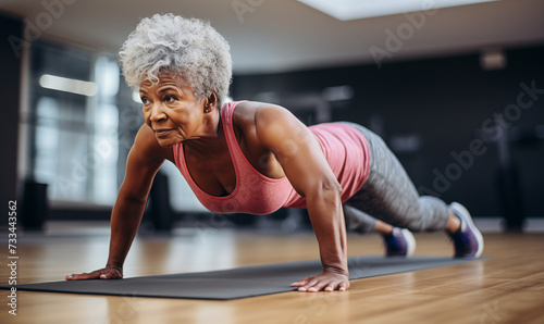 Senior woman practicing yoga at gym, healthy lifestyle for mature people concept. Generated by AI