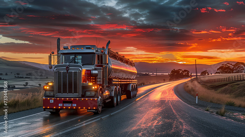 Fuel Tanker Truck on the Move at Sunset