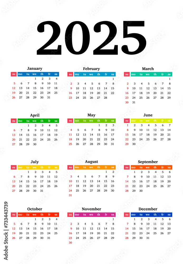 Calendar for 2025 isolated on a white background Calendar for 2025 isolated on a white background