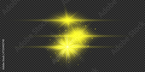 Set of yellow horizontal light effects of lens flares
