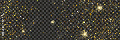 Gold glittering dust with stars on transparent backdrop