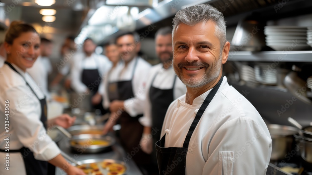 Chef standing in professional kitchen with his service team, wearing aprons