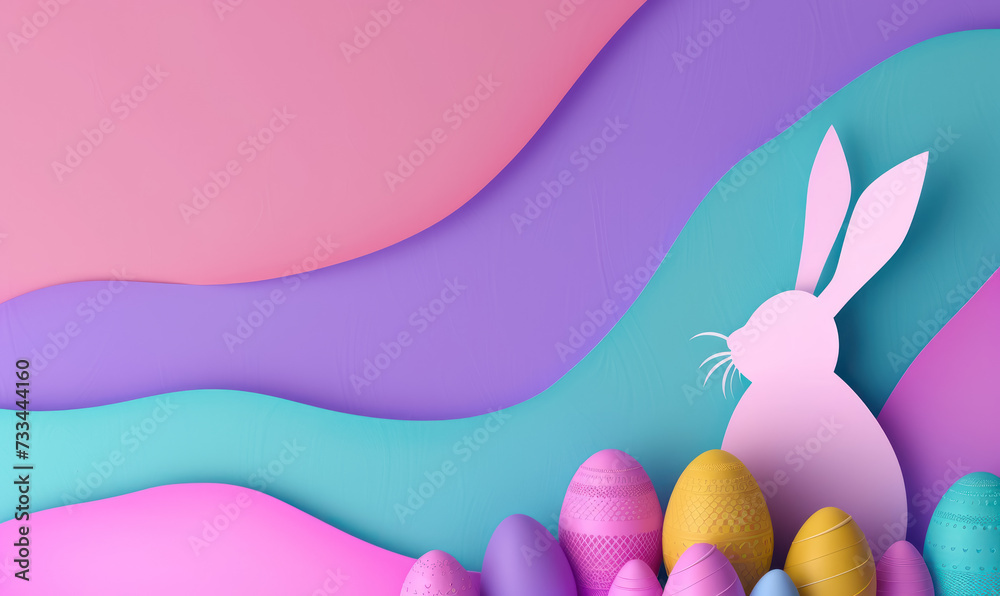 playful Easter papercut card design with a bunny silhouette and pastel colored eggs on a vibrant background