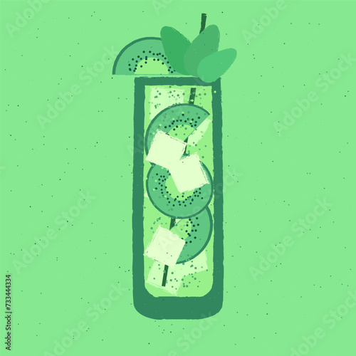 Green cocktail with kiwi, mint and ice cubes. Fruit gin tonic. Alcohol drink for bar. Cold soft liquid in tall glass. High glass. Non-alcoholic beverage. Flat vector illustration with texture