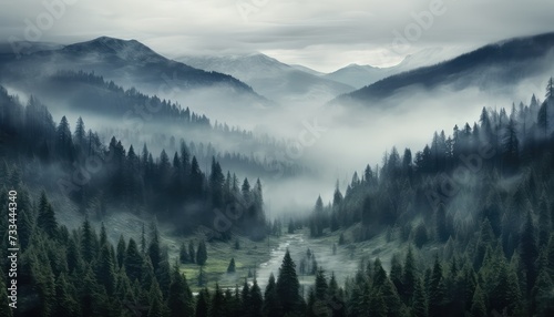 Misty foggy mountain landscape with fir forest and copyspace in vintage retro hipster style