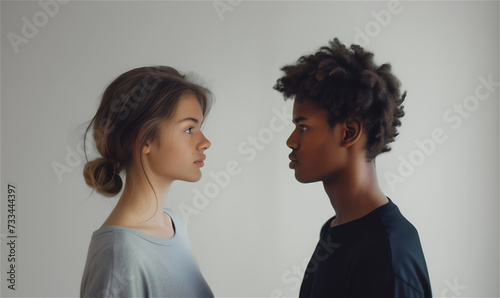 An African man and a woman in profile look at each other. A couple of young people. Relationship. 