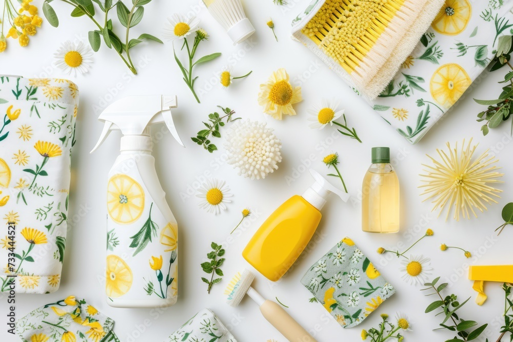 An array of spring cleaning supplies with a fresh, natural floral motif arranged neatly on a white background.. - obrazy, fototapety, plakaty 
