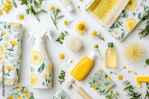 An array of spring cleaning supplies with a fresh, natural floral motif arranged neatly on a white background.. photo