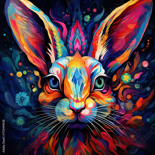 Rabbit head with colorful paint splashes on black background. Vector illustration. © Soeren