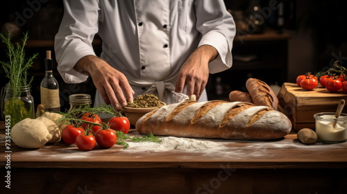 A master chef in traditional chef's whites elegantly presents a freshly baked, braided loaf of bread on a rustic wooden table adorned with fresh herbs and tomatoes
