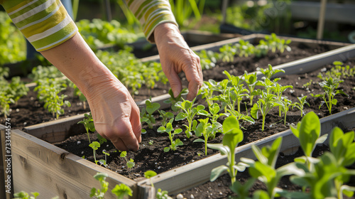 Hands gently tending to raised vegetable beds filled with seedlings, symbolizing the beginning of the growing season and the promise of fresh produce in April photo