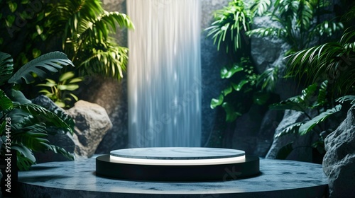 Against the background of greenery and a waterfall, there is a round podium for advertising and showing cosmetics on a gray stone