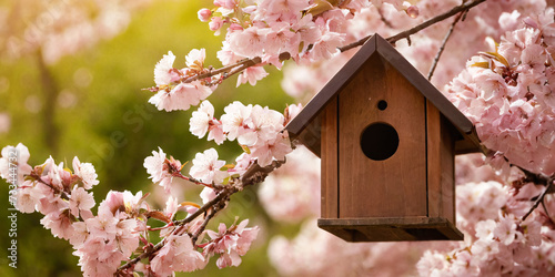 Birdhouse in the branches of a blossoming cherry tree, in the park in spring. © hobonski