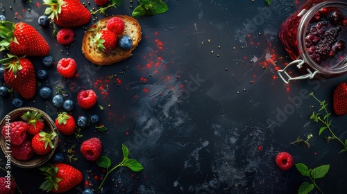 Sweet strawberry jam in glass jar standing on gray background, fresh strawberries around. Close up © Stefan95