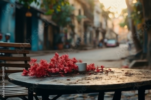 Morning coffee cup on table in the charming narrow streets of old city amidst beautiful flowers