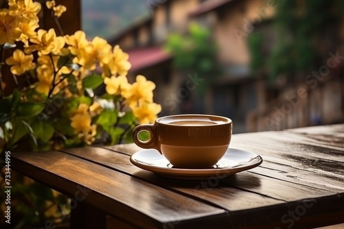 Morning coffee cup on table in the old town streets with beautiful flowers at sunrise