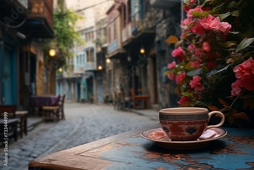 Scenic morning. coffee cup on table amidst charming old city streets adorned with vibrant flowers