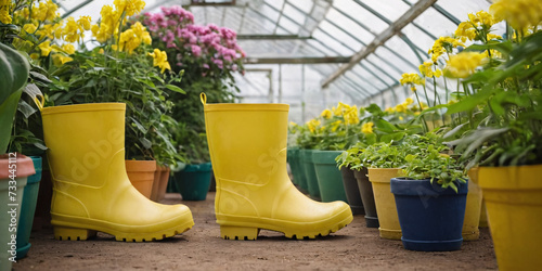 Yellow rubber boots against the background of spring plants, in a greenhouse filled with the rays of the morning sun.