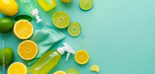 Fototapeta spring cleaning concept with eco-friendly sprays and citrus fruits on pastel gre