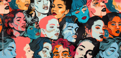 diverse women faces illustration pattern with vibrant pop art , for women's day 