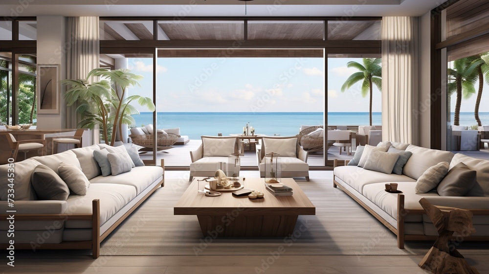 Fototapeta premium Zen Modernity: Contemporary Asian Living Room Blending Tradition & Modernity