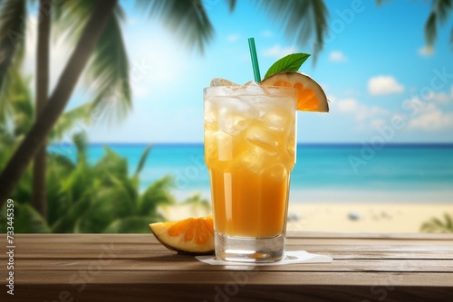 Tropical hurricane cocktail with blurred ocean beach background and space for custom text