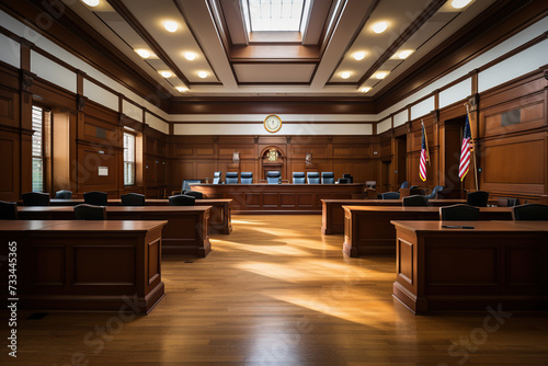 Image of an empty courtroom with wooden benches. Generated by artificial intelligence photo