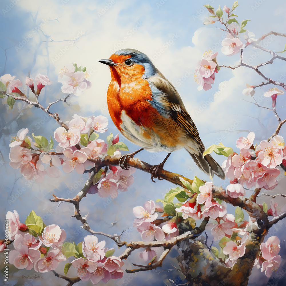 Robin bird on a branch of a blossoming tree with pink flowers