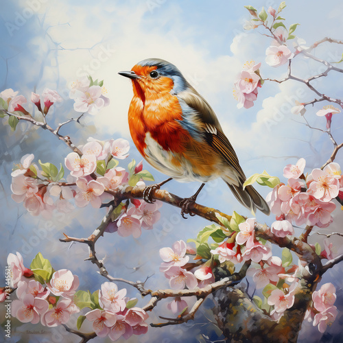 Robin bird on a branch of a blossoming tree with pink flowers