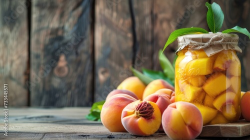 Sweet canned peaches in glass jar stands on a wooden table, fresh peaches around. Close up