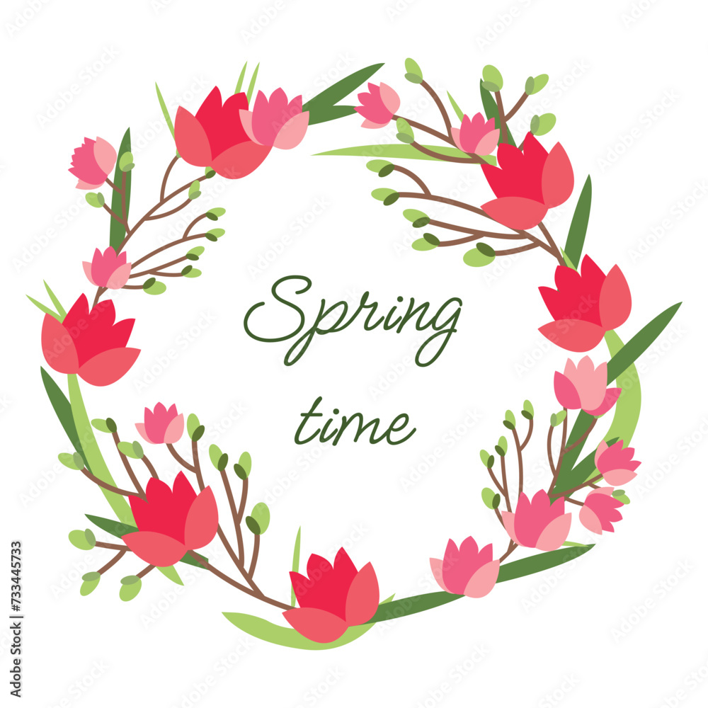 Vector flowers in circle isolated on white background. Spring time: green twigs and pink tulipsRound frame for your design, greeting cards, wedding announcements, posters. 