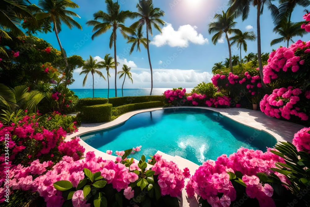swimming pool with flowers and water