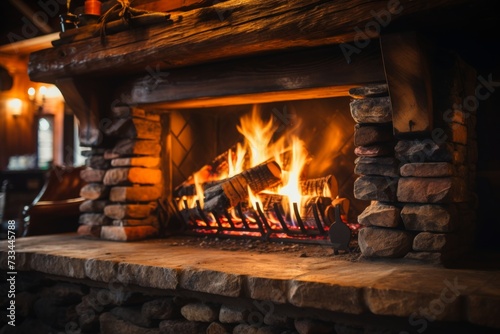 Cozy rustic fireplace with burning firewood, creating a warm and inviting ambiance