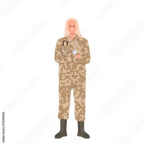 Military woman doctor cartoon character wearing camouflage uniform and stethoscope isolated on white