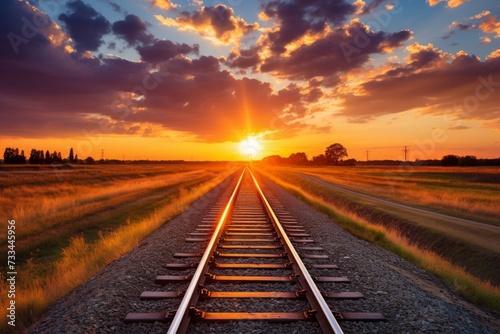 Captivating railway track vanishing into the picturesque horizon during an enchanting golden sunset